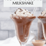 Vegan chocolate milkshake Pinterest graphic with imagery and text.