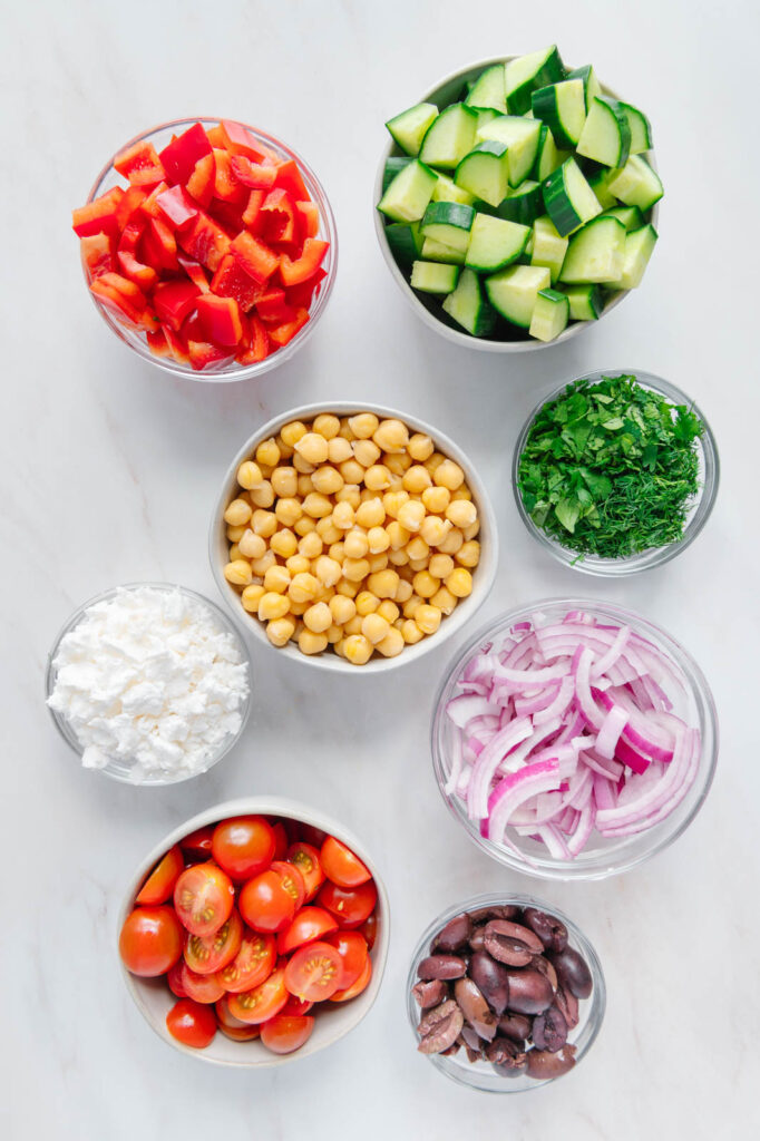 Ingredients to make a vegan chickpea salad.