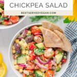 Vegan Mediterranean chickpea salad Pinterest graphic with imagery and text.