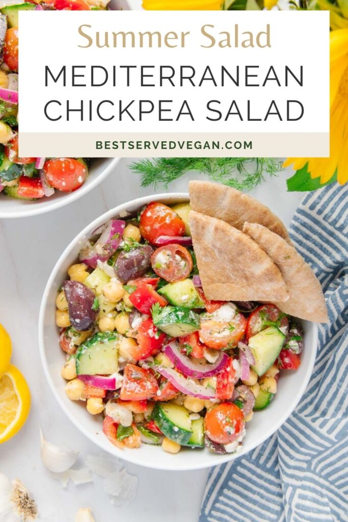 Vegan Mediterranean chickpea salad Pinterest graphic with imagery and text.