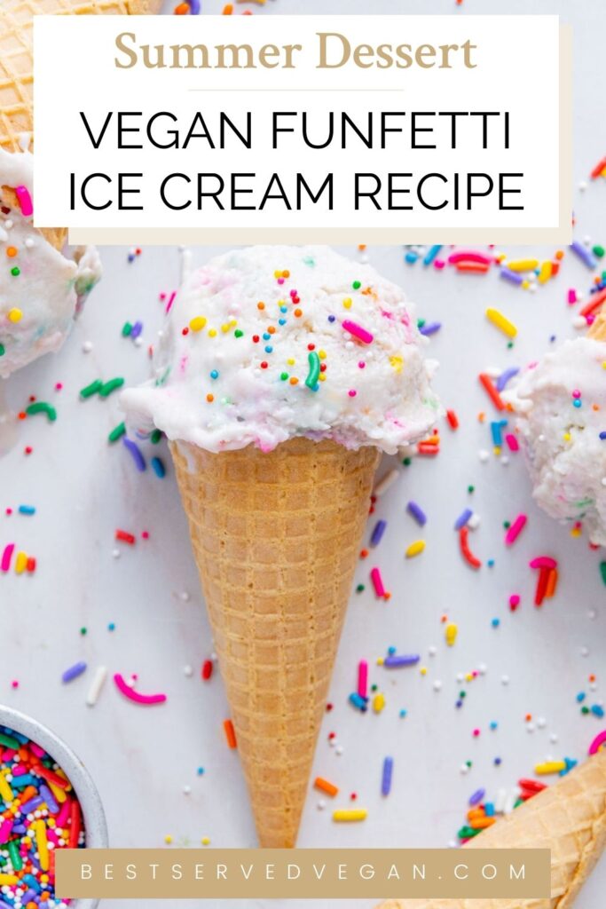 Vegan cake batter ice cream Pinterest graphic with imagery and text.