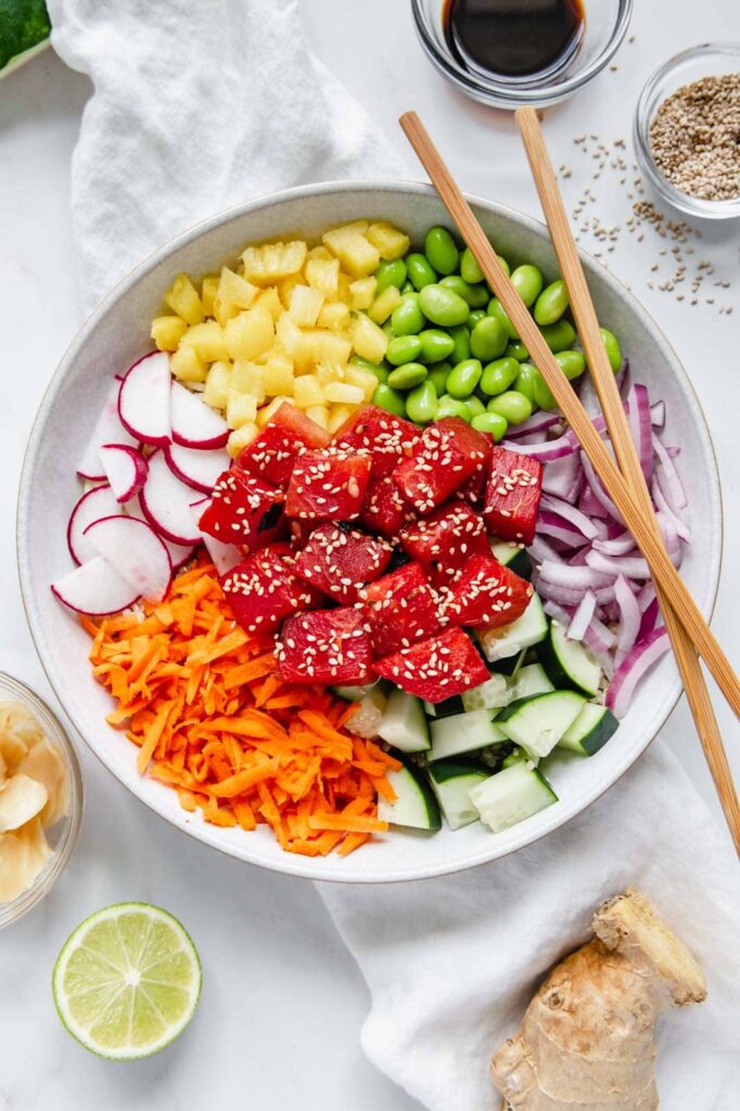A homemade vegan poke bowl with watermelon tuna.