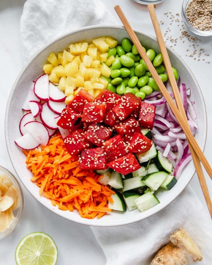 A homemade vegan poke bowl with watermelon tuna.