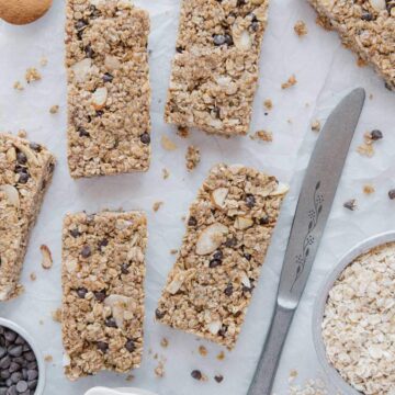 Vegan granola bars made with nut-butter, quick oats, and cinnamon.
