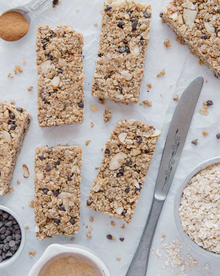 Vegan granola bars made with nut-butter, quick oats, and cinnamon.