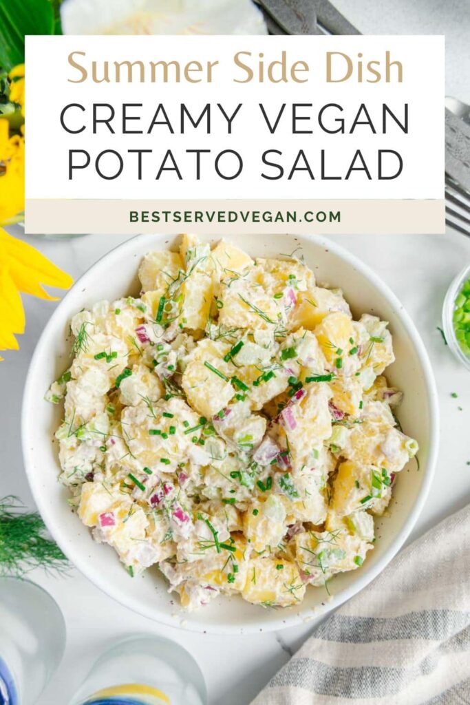 Vegan Potato Salad with Dill Pinterest graphic with imagery and text.