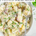 Vegan Potato Salad with Dill Pinterest graphic with imagery and text.