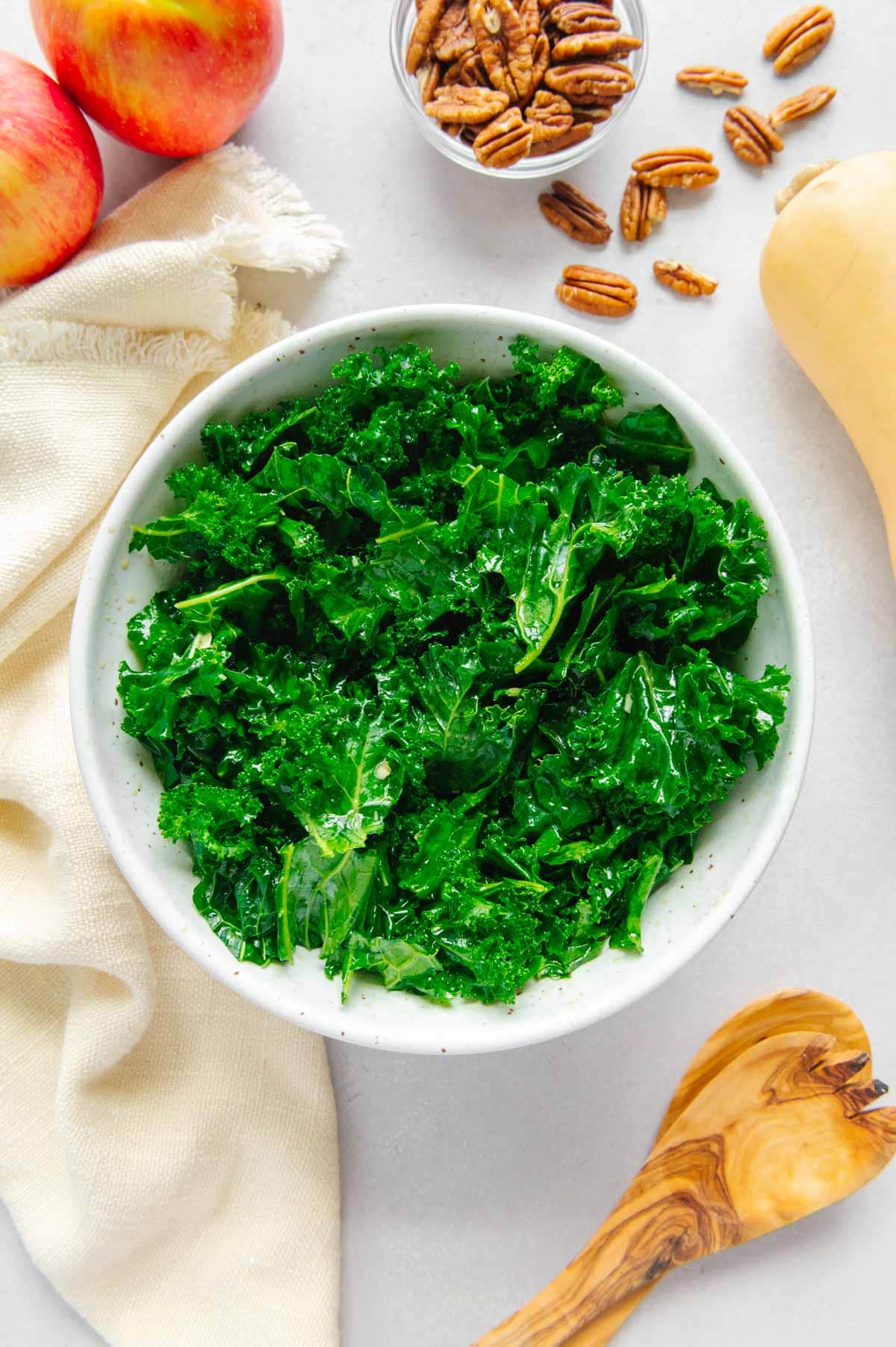 Marinated curly kale in a serving bowl.