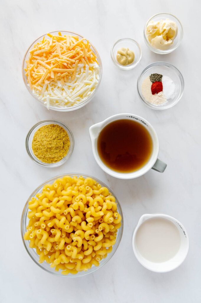 Ingredients to make vegan mac and cheese in an Instant Pot.