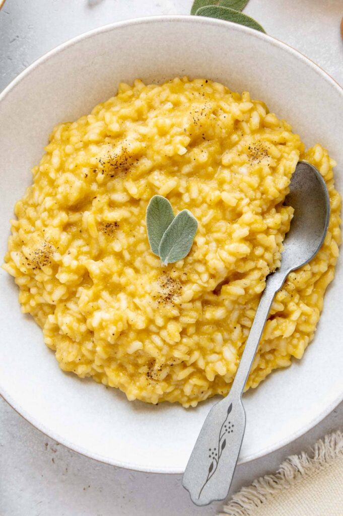 Upclose of a creamy and rich pumpkin risotto.