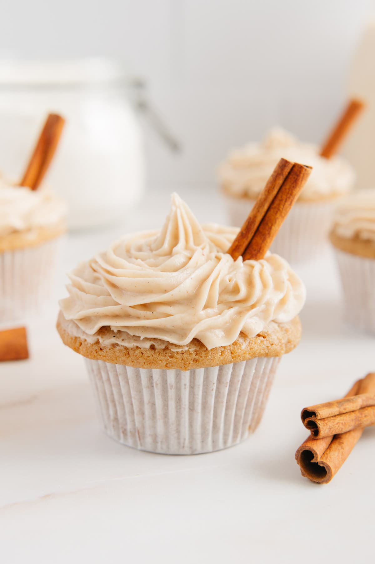 Upclose of a chai cupcake with frosting.