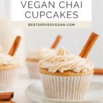 Vegan chai cupcakes Pinterest graphic with imagery and text.