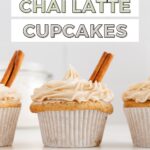 Vegan chai cupcakes Pinterest graphic with imagery and text.