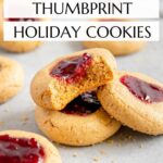 PB&J thumbprint cookies Pinterest graphic with imagery and text.