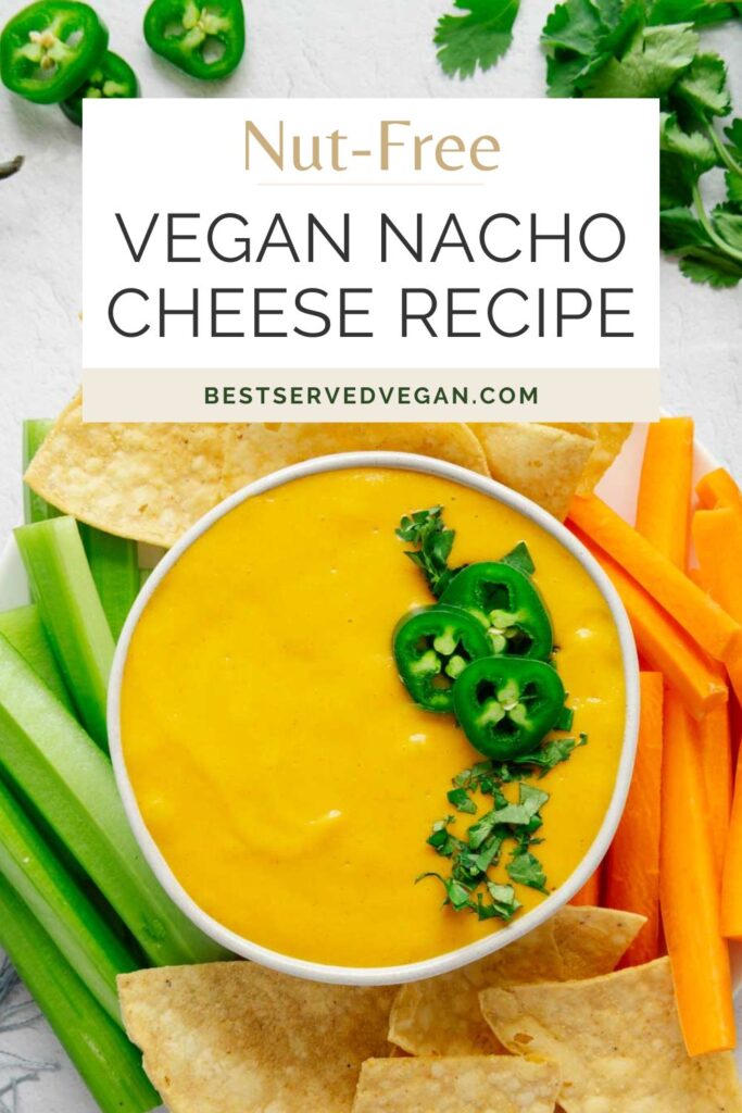 Nut-free vegan nacho cheese Pinterest graphic with imagery and text.