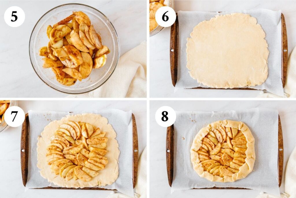 Steps 5-8 to make a vegan apple galette.