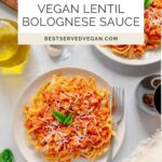 Vegan Red Lentil Bolognese Sauce Pinterest graphic with imagery and text.