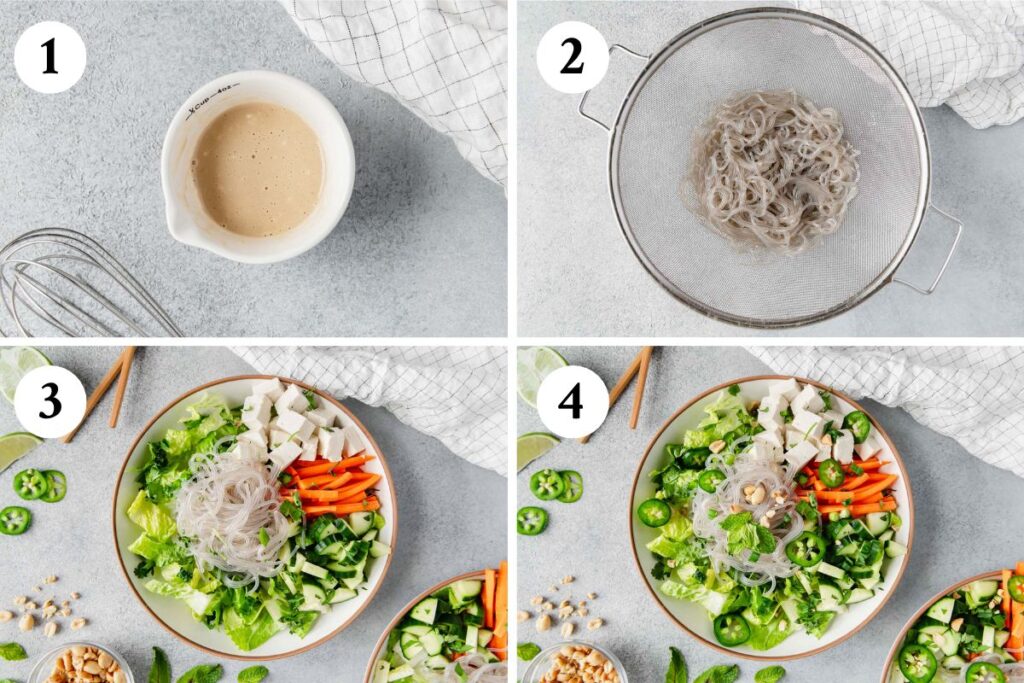 Process photos of making a vegan glass noodle salad recipe.