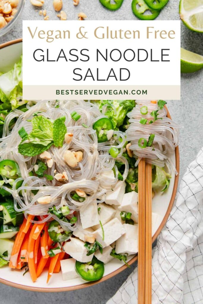 Vegan Glass Noodle Salad Pinterest graphic with imagery and text.