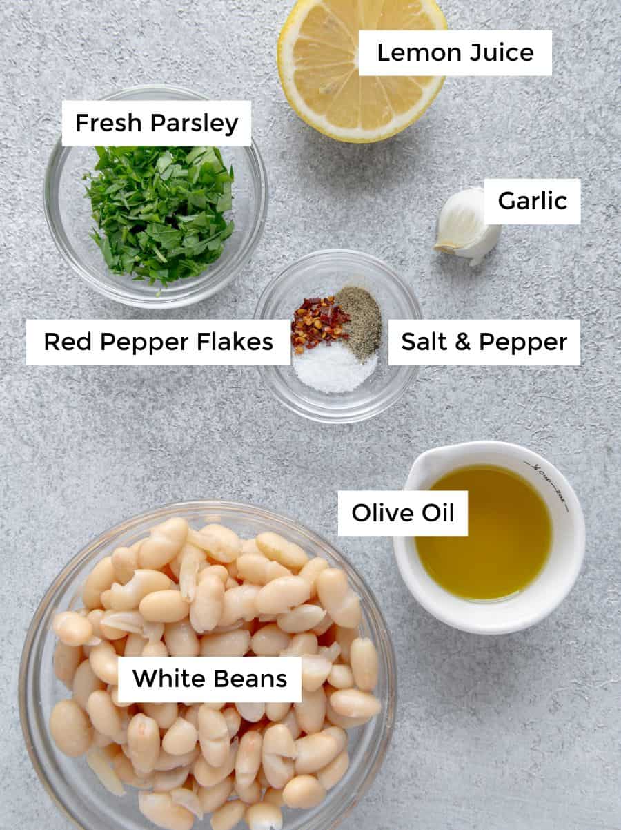 Ingredients to make a quick and easy Tuscan bean salad recipe.