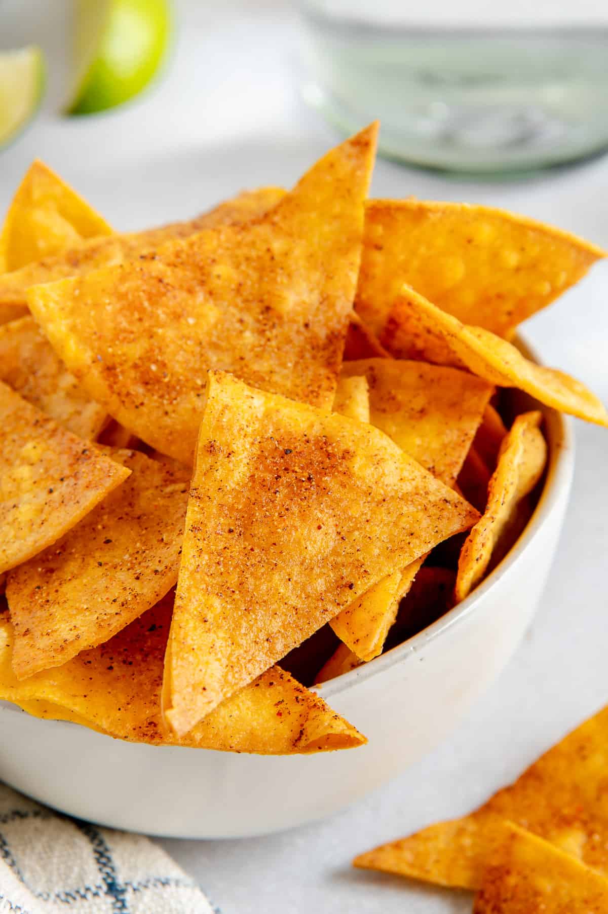 Upclose of a crispy and crunchy tortilla chip.