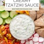 Tzatziki dip Pinterest graphic with imagery and text.