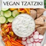 Tzatziki dip Pinterest graphic with imagery and text.
